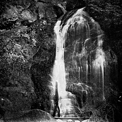 A waterfall at Alhambra in Granada, Spain. Vintage halftone etching circa 19th century.