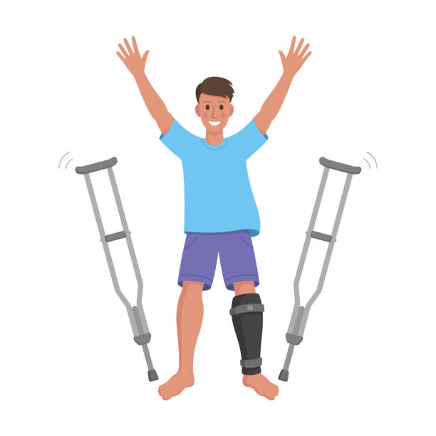 The happiness of recovering from injury Physical injury illustration. The man is happy with a quick recovery from a leg injury. crutch stock illustrations