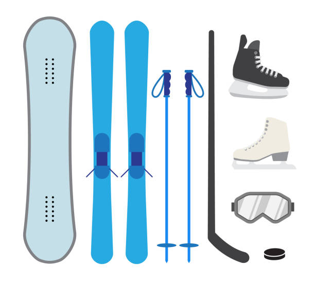 플랫 컬러 겨울 스포츠 장비의 벡터 세트 번들 - snowboard boot stock illustrations