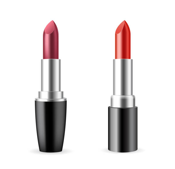 istock Lipstick mockup template. Pink and red lip cosmetics with black cap on white background 1296906877