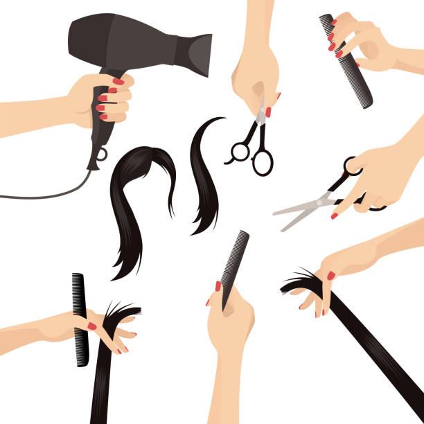 ilustraciones, imágenes clip art, dibujos animados e iconos de stock de peluquería vector set de hermosa mujer manos en belleza peluquería salón con accesorios diseño set aislado en blanco - cabello humano