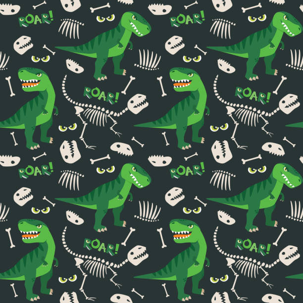 illustrazioni stock, clip art, cartoni animati e icone di tendenza di t rex e dino bones skeleton roar seamless pattern dark background vector illustration - monster set pattern green