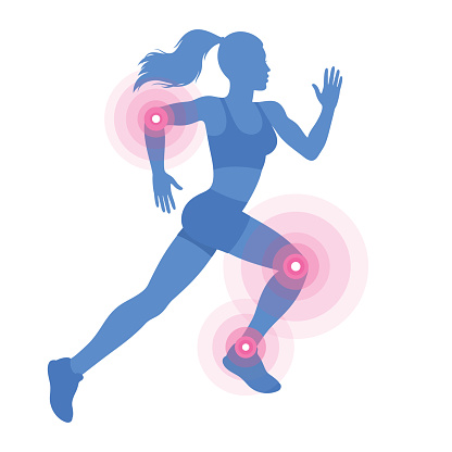 Silhouette of a running woman and bright markers that accentuate joint pain.
