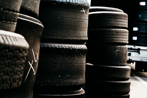 Vintage racing tires in racing paddock