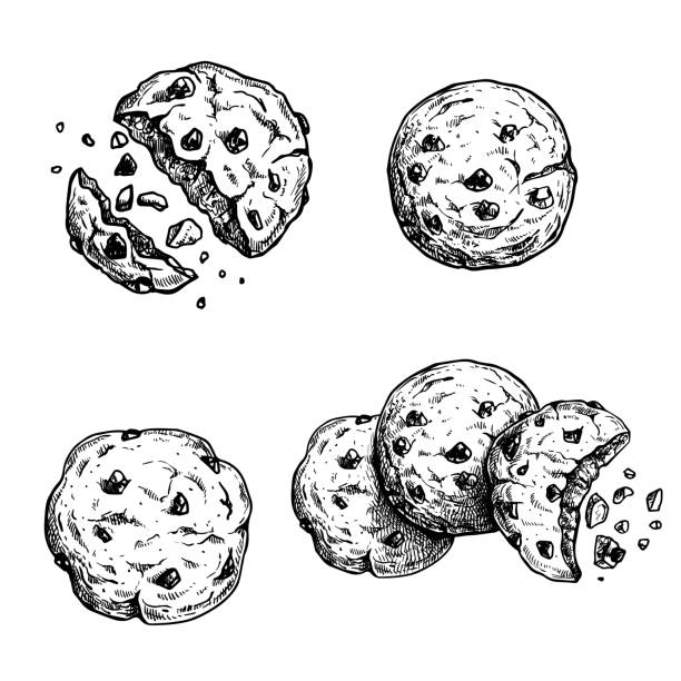 Hand drawn sketch style chocolate chip cookies set. Single whole and crumbled in group. Vintage retro ink style vector illustrations. For packages and menus. Isolated on white background. Hand drawn sketch style chocolate chip cookies set. Single whole and crumbled in group. Vintage retro ink style vector illustrations. For packages and menus. Isolated on white background. cookie stock illustrations