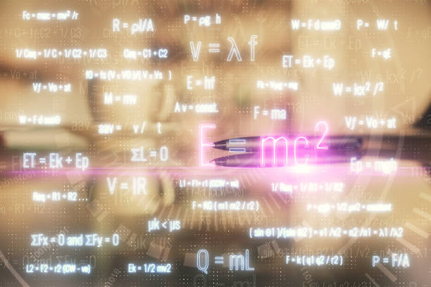 istock Double exposure of formula drawing hologram over coffee cup background in office. Concept education. 1296917021
