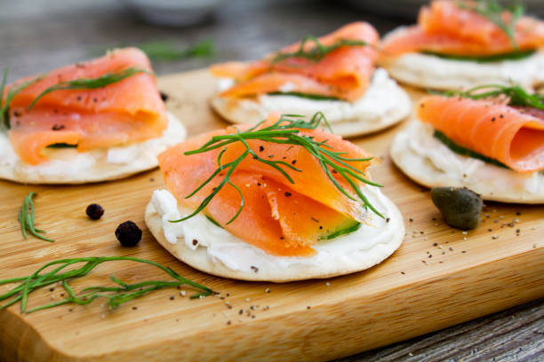 istock Smoked salmon canapes with fresh dill 1296917075