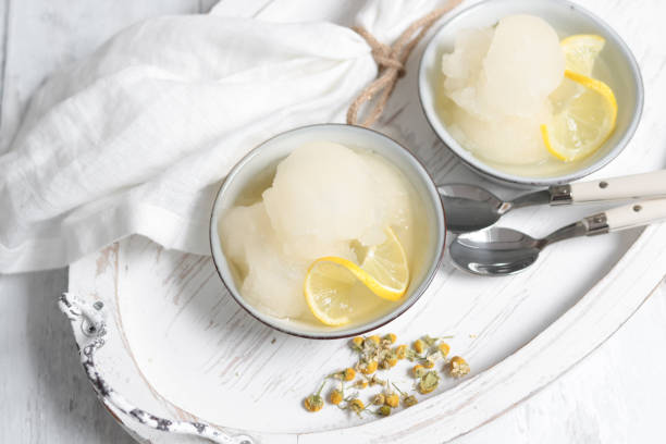 Homemade Lemon Sorbet scoops in shabby chic kitchen