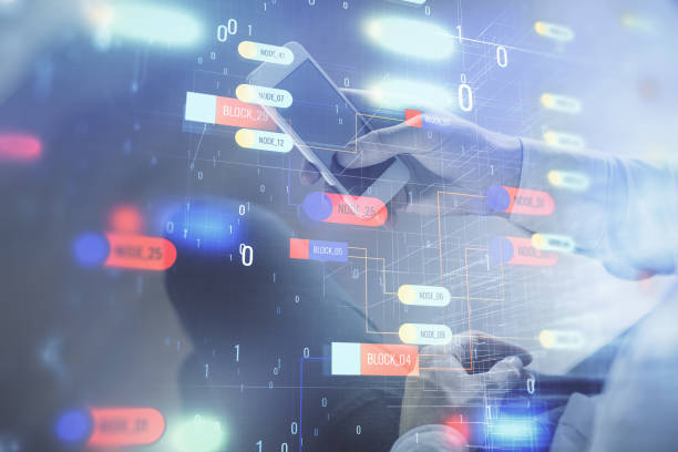 istock Double exposure of man's hand holding and using a digital device and data theme drawing. Technology concept. 1296918258