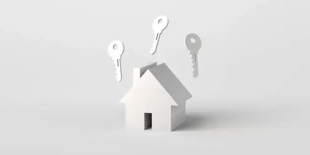 Photo of House with keys on top. Real estate market. 3d illustration. Isolated on white background. Banner.