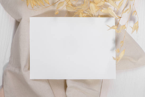 istock Card mockup template, empty stationery card with dry plants flower 1296919574