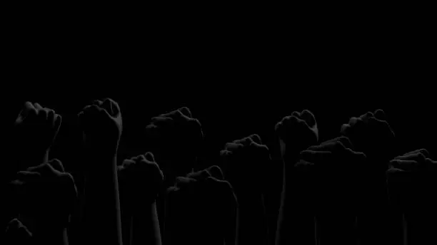 Photo of Black fists on black background with rim. Side view. protest. Blackout. Social justice concept. 3D render.