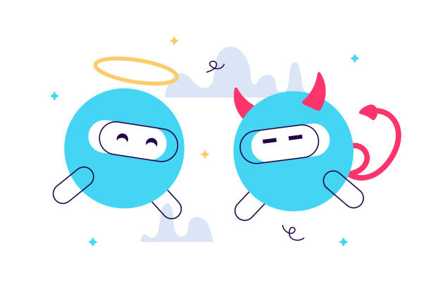 Advantages and risks of modern technologies, A pair of white robots Advantages and risks of modern technologies, A pair of white robots dressed like an angel and a devil. Flat style modern design vector illustration for web page, cards, poster good vs evil stock illustrations