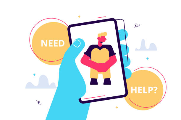 ilustrações de stock, clip art, desenhos animados e ícones de crisis hotline. need help hand holding a smartphone. new technologies - dependency assistance help advice