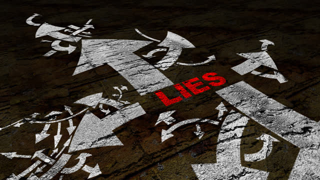Lies text on a crossroad in different ways of arrows on grunge background