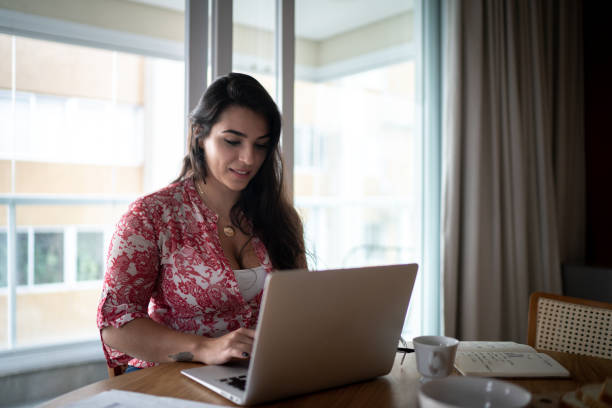 istock Young woman using laptop or working from home 1296923745