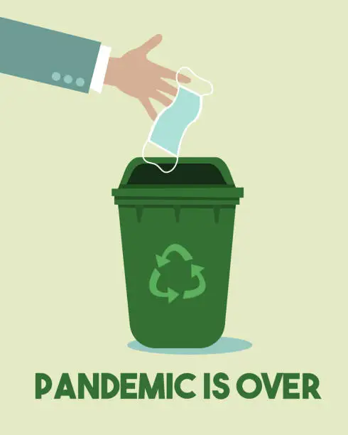 Vector illustration of Coronavirus pandemic is over. Illustration of a human hand throwing protective face mask into recycle bin.
