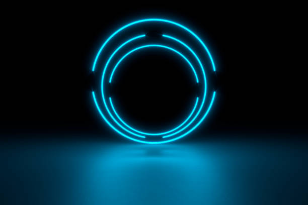 istock Modern empty abstract interior illuminated by blue neon circle lights, 80's retro style 1296926571
