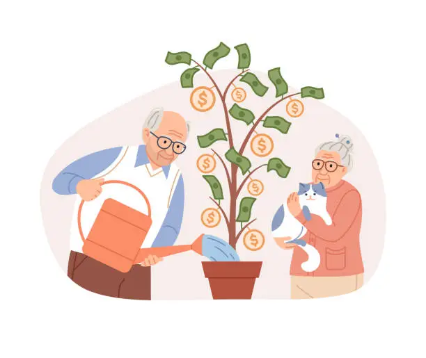 Vector illustration of Elderly couple watering potted money tree, coins, dollars. Pension fund saving plan concept. Aged people retirement planning. Happy pensioners with cat. Seniors characters cartoon vector illustration.