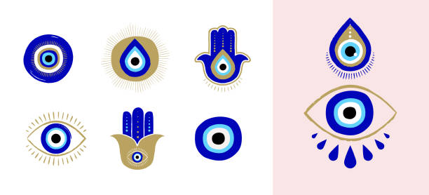 böses auge oder türkische augensymbole und symbole gesetzt. moderne amulett design und wohnkultur idee - evil eye beads stock-grafiken, -clipart, -cartoons und -symbole