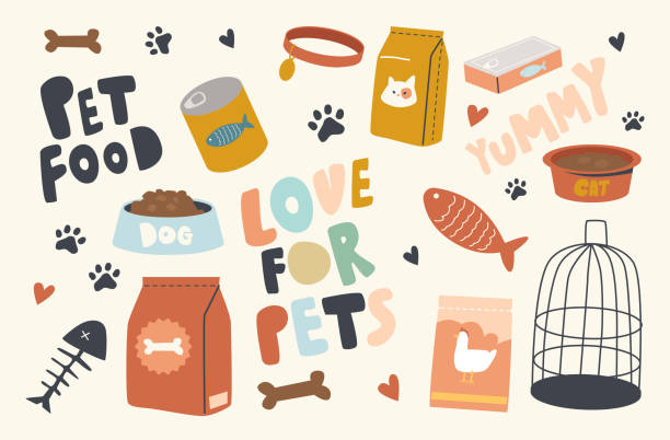 illustrazioni stock, clip art, cartoni animati e icone di tendenza di set di icone animali domestici tema alimentare. confezioni con alimentazione per gatti, cani, pesci o uccelli, gabbia, ossa e ciotola con biscotti - animals feeding illustrations