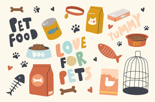 아이콘 애완 동물 음식 테마의 집합. 고양이, 개, 물고기 또는 새, 케이지, 뼈 및 쿠키가있는 그릇에 대한 먹이패키지 - 쓰다듬어 주기 일러스트 stock illustrations