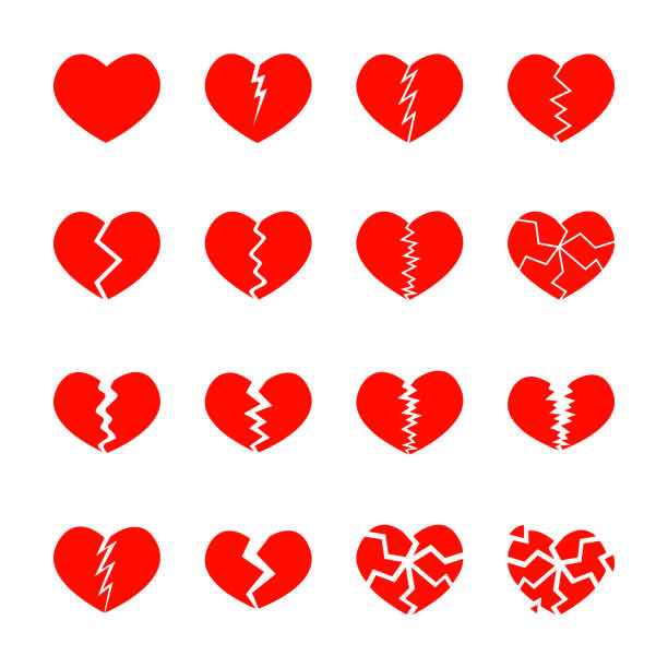 Set of red broken hearts icons Set of red broken hearts icons isolated on white background. Different symbols of heartbreak, divorce, parting. Vector flat illustration broken heart stock illustrations