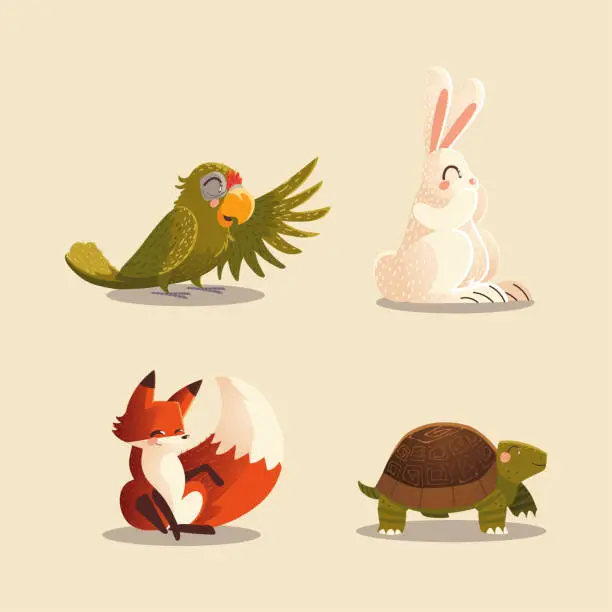 Vector illustration of cartoon animals parrot rabbit fox and turtle wildlife