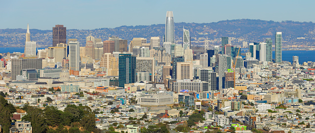 San Francisco skyline panorama. Aerial view of downtown San Francisco. Downtown San Francisco aerial view of skyscrapers