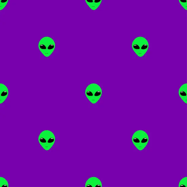Vector illustration of Little green men heads on purple background, seamless vector illustration.