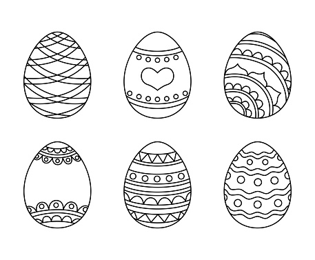 Vector line art easter eggs with patterns for coloring. Isolated outline collection for holiday relax