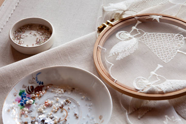 istock Workplace of an embroiderer with embroidery frames, angel embroidery, beads 1296940207