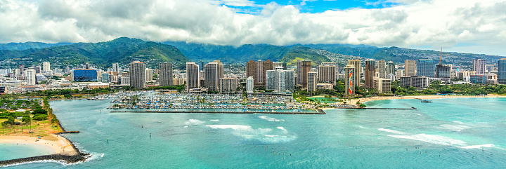 The beautiful city of Honolulu, Hawaii located on the island of Oahu shot from about 1000 feet in altitude.