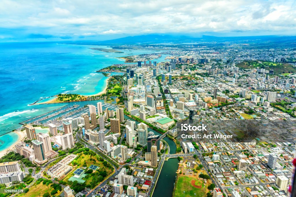 Honolulu Cityscape Wide angle aerial view of the beautiful city of Honolulu, Hawaii located on the island of Oahu shot from about 1000 feet in altitude. Honolulu Stock Photo