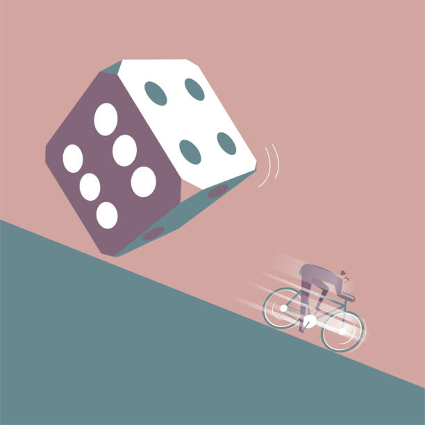 A businessman runs away on a bicycle in front of the huge dice. A businessman runs away on a bicycle in front of the huge dice. The background is brown and the ground is blue-gray. betnow stock illustrations