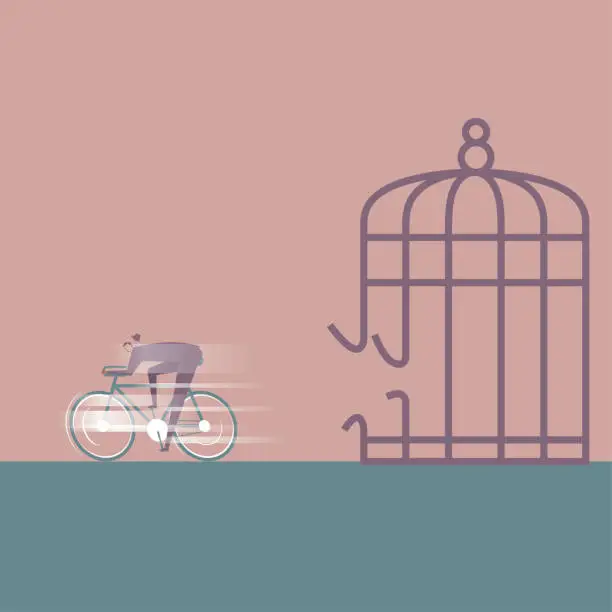 Vector illustration of A businessman runs away on a bicycle from the birdcage.