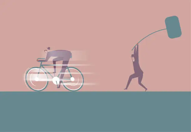 Vector illustration of A businessman escaped from danger by bicycle.