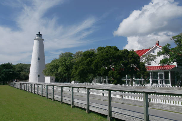 historic Ocracoke Lighthouse Historic Ocracoke Light on Ocracoke Island, Cape Hatteras National Seashore, North Carolina ocracoke lighthouse stock pictures, royalty-free photos & images