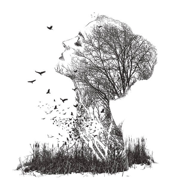 istock Multiple exposure of woman, trees and birds 1296949958
