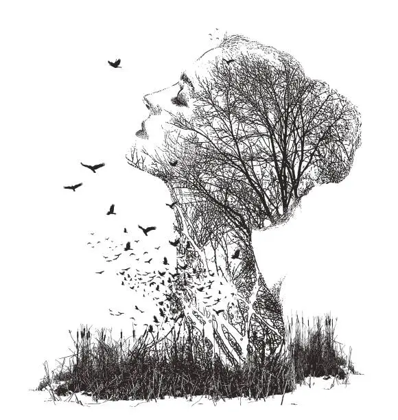 Vector illustration of Multiple exposure of woman, trees and birds