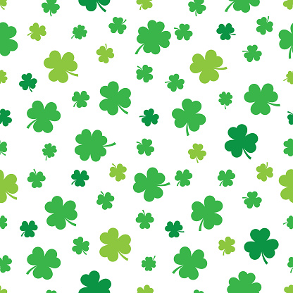 Vector illustration of green three leaf clovers in a repeating pattern against a white background.