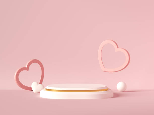 최소한의 배경, 제품 디스플레이에 대한 연단으로 모의, 추상 흰색 지오메트리 모양 배경 미니멀 발렌타인 데이 핑크 배경, 추상 모의 배경 3d 렌더링. - cherry valentine 뉴스 사진 이미지