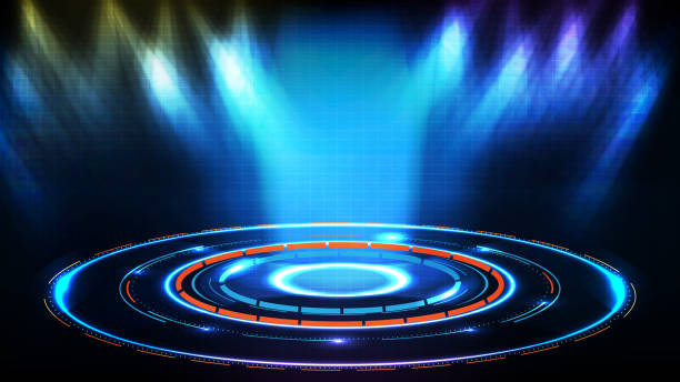 istock abstract futuristic background of blue neon circle round frame 1296953049