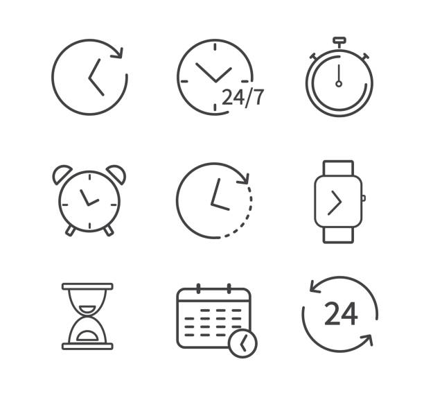 sekumpulan ikon garis waktu dan jam terisolasi pada latar belakang putih. desain datar. stopwatch, kecepatan, alarm, kalender. ilustrasi vektor. - time life ilustrasi stok