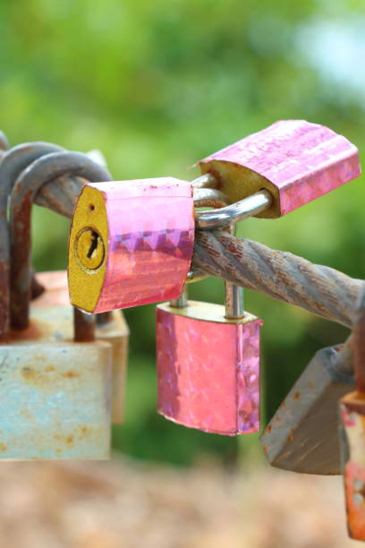 istock three key cover with pink sticker and many old rust key lock with rust iron fence on green blur background 1296956979