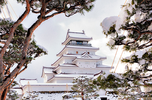 Japan - January 29, 2019 : Tsuruga Castle covered with Snow in Winter, Aizuwakamatsu, Fukushima, Japan