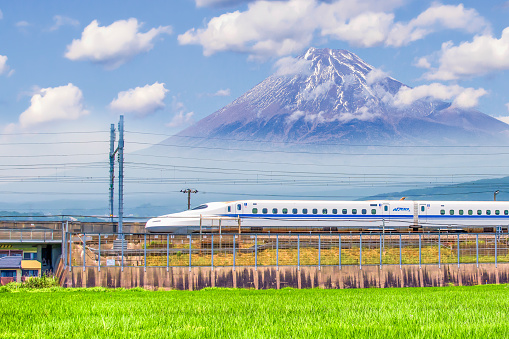Japan - July3, 2019 : High Speed Bullet Train Shinkansen on railway with Fuji Mountain Background, Fuji, Shizuoka