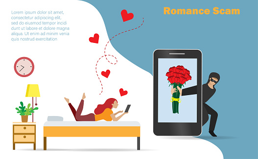 Hacker online chatting with woman and sending rose flowers on smartphone screen.  Idea for romance or dating scam, digital online cyber crime, hacking, phishing and financial security concept.