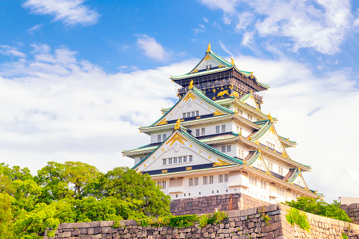 Japan - July 15, 2019 :  Main Building of Osaka Castle located among colourful maple trees in Auutmn, Osaka