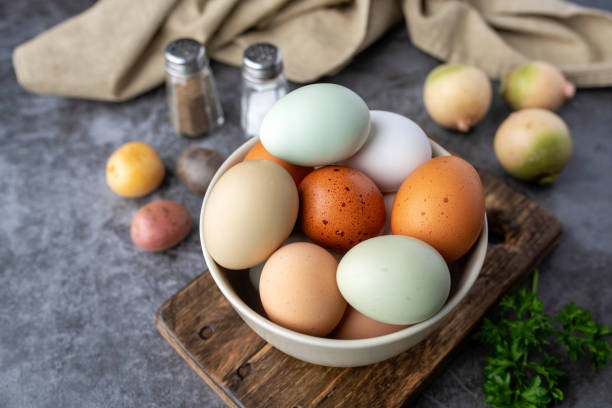 istock Fresh eggs from free range chickens on a small farm, beautiful colorful eggs from different breeds of chickens 1296960058